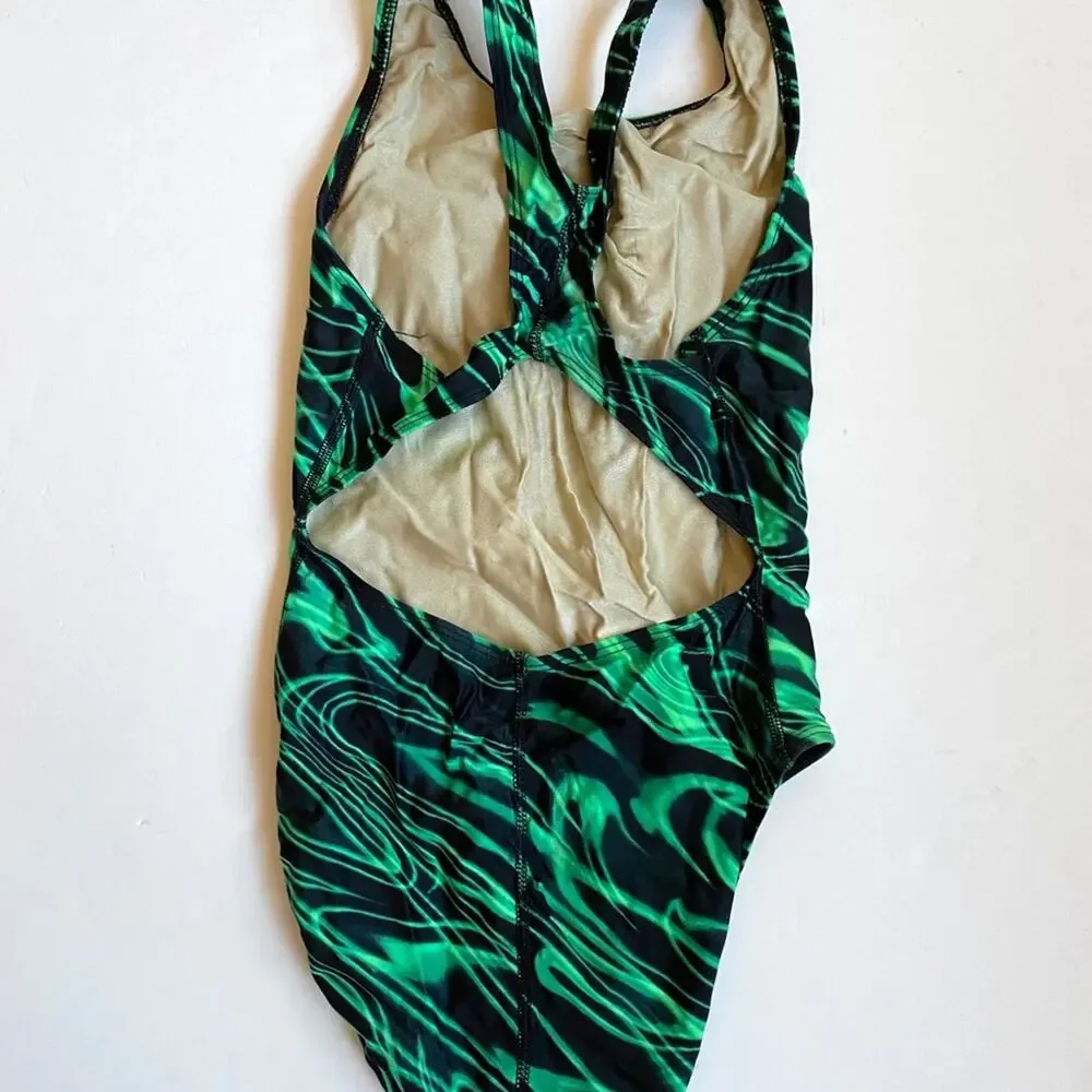 TYR Black~Green Competition Tank Swimsuit SUPER‎ CLEAN COND.
